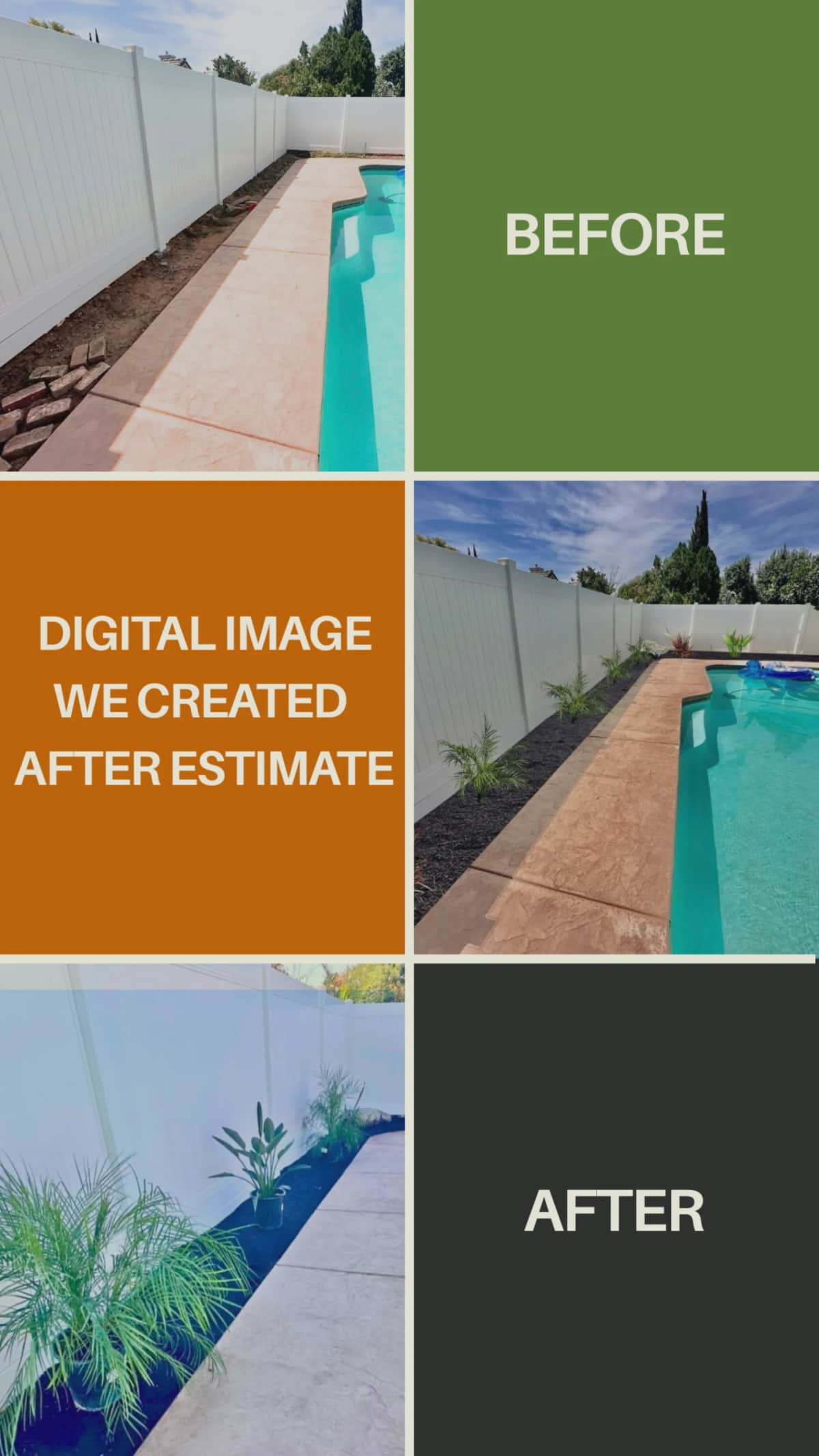 Poolside mulch before and after with plants