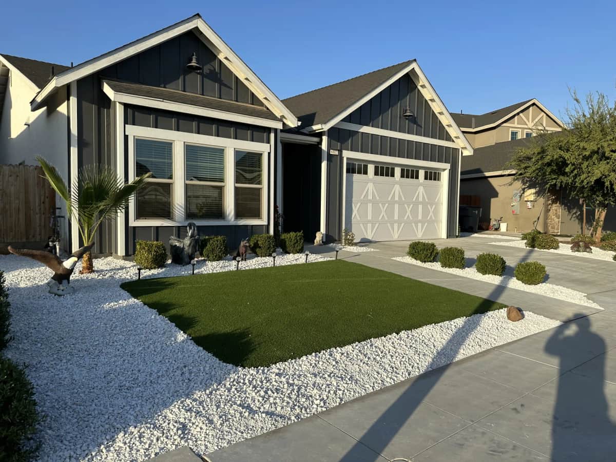Modern home front yard with white rock landscaping