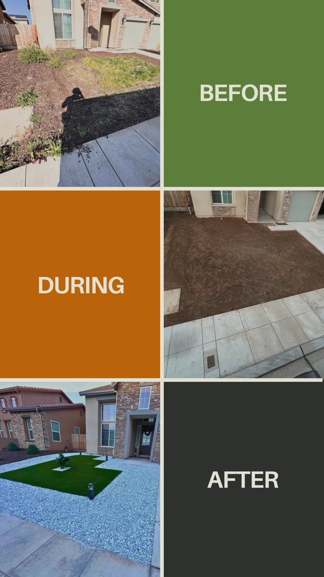 Front yard artificial grass before and after with rock border