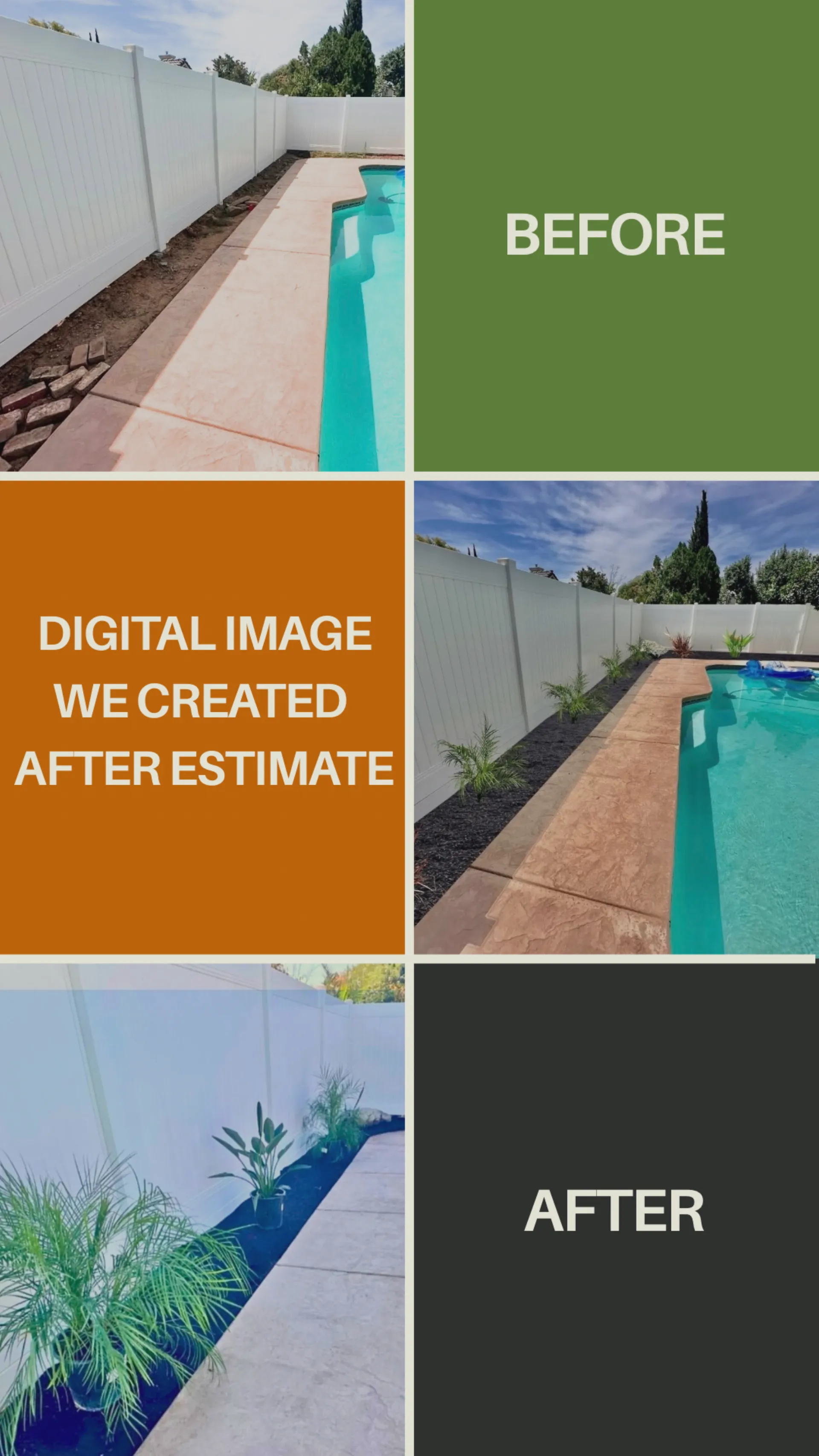 Poolside mulch before and after with plants