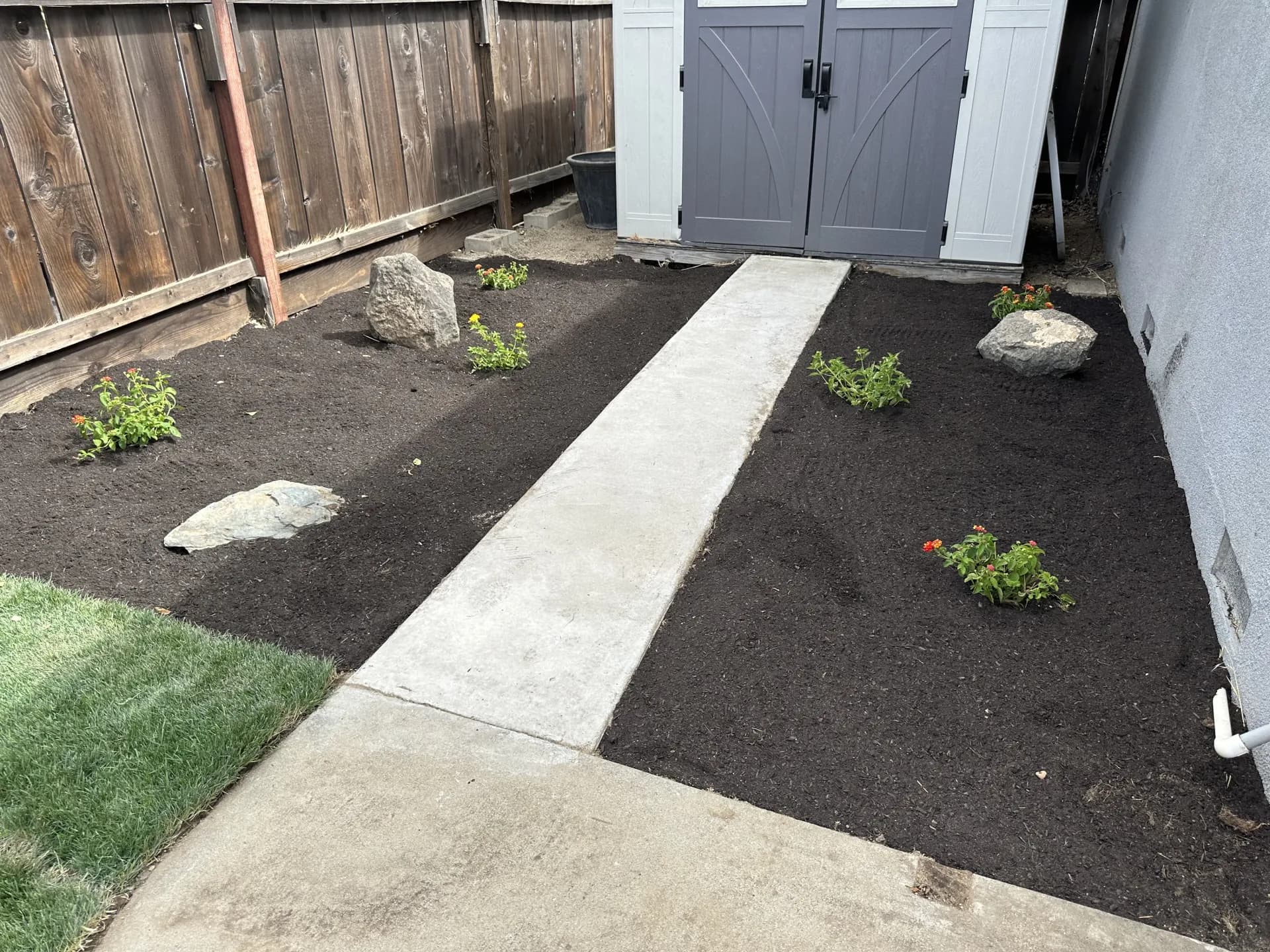 Side yard fresh mulch plantings with rocks