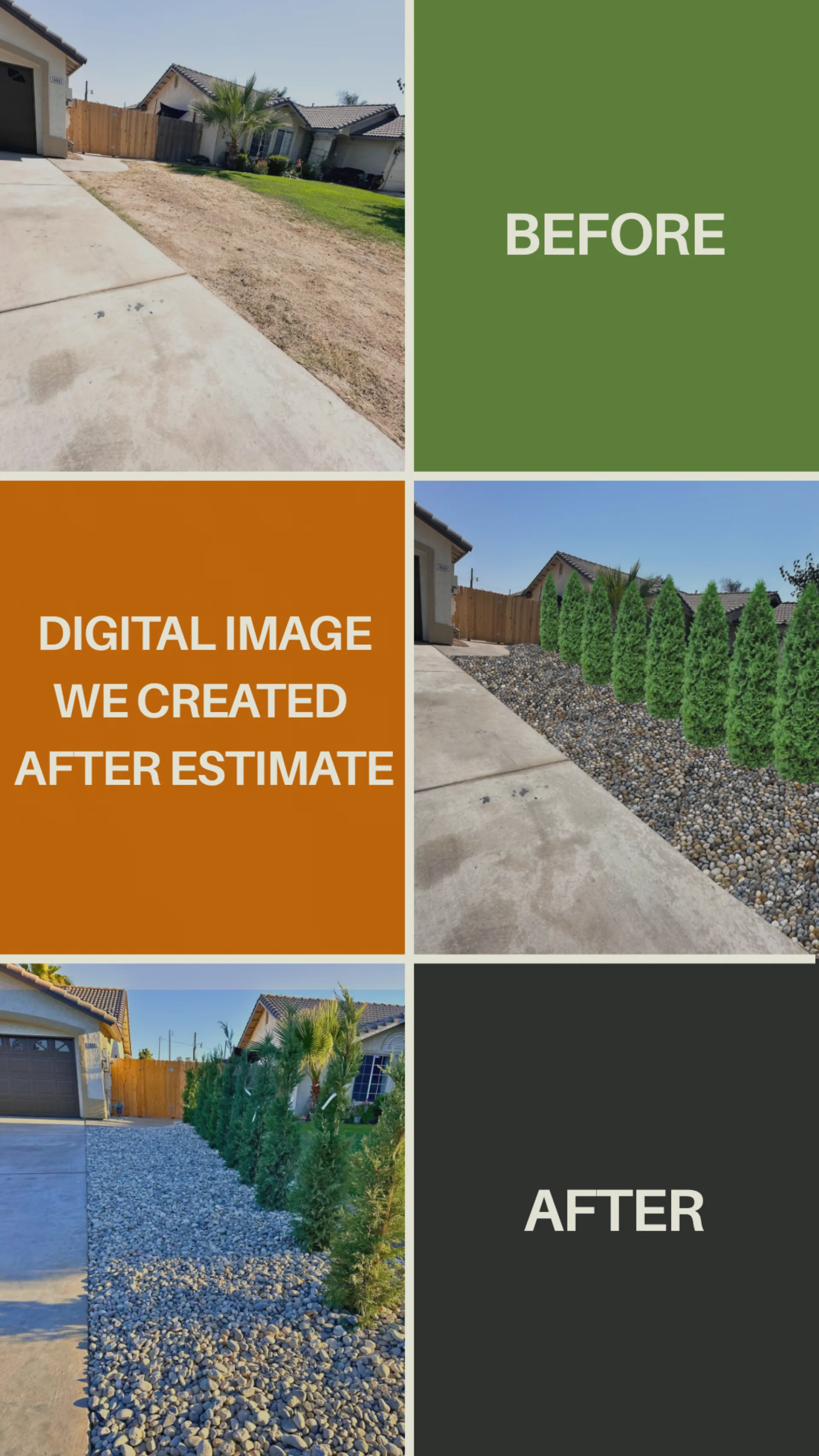 Driveway before and after with arborvitae and rock