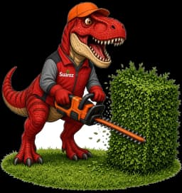Sua-Rex, Suarez Lawn Services mascot, trimming a hedge
