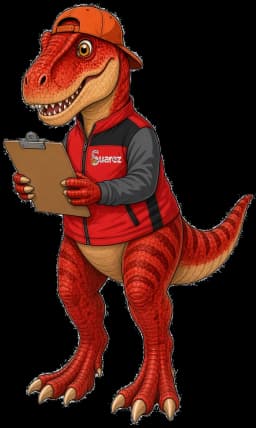 Sua-Rex, Suarez Lawn Services mascot, holding the clipboard