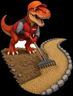 Sua-Rex, Suarez Lawn Services mascot, raking a decomposed granite path