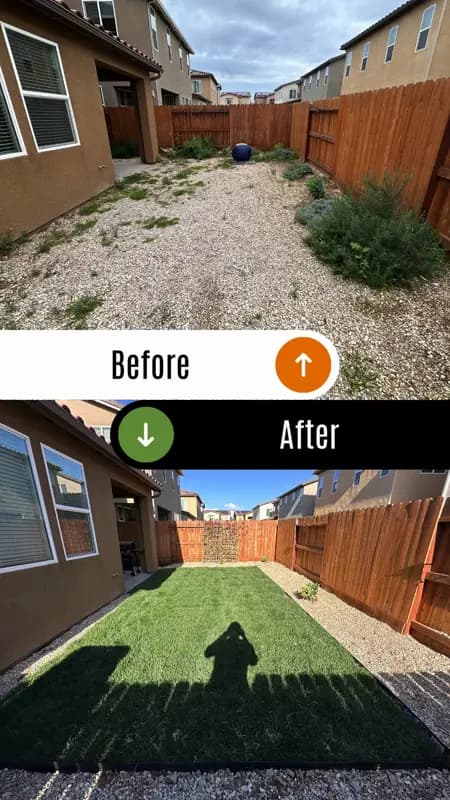 Rock backyard before and after with turf and rock