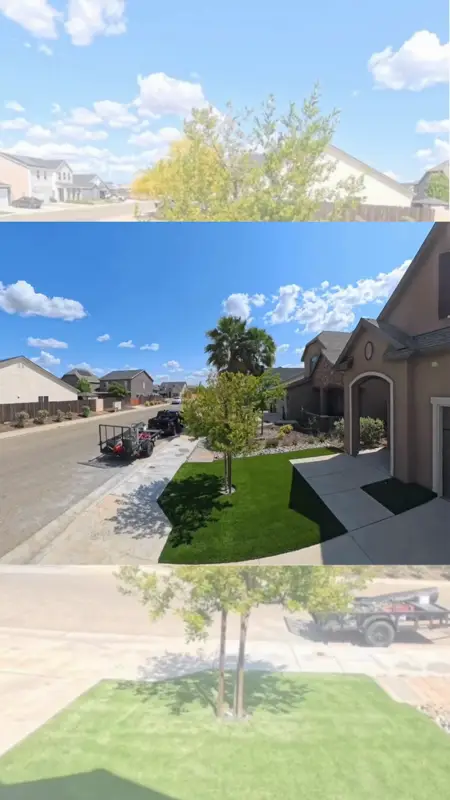 Rock front yard with turf and rock — multiple angles