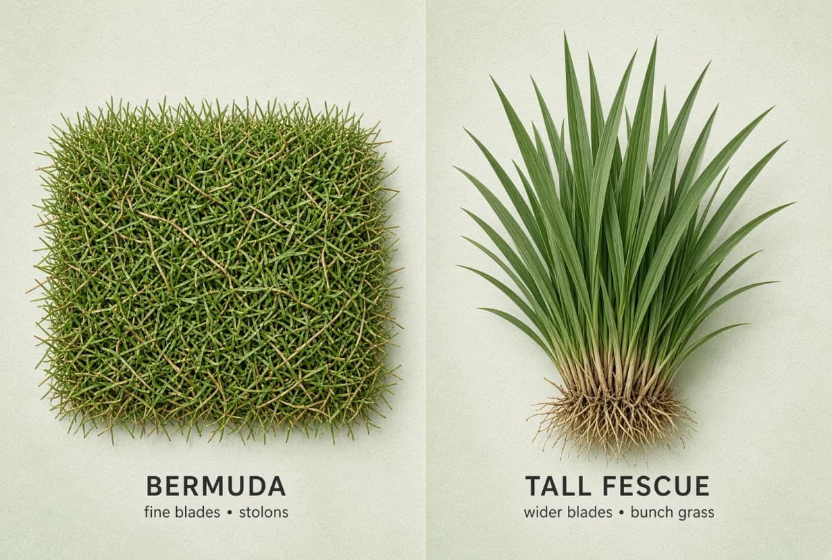 Close-up on paper: a square of fine-bladed Bermuda with stolons on the left, a bunch of wider tall fescue blades with roots on the right.