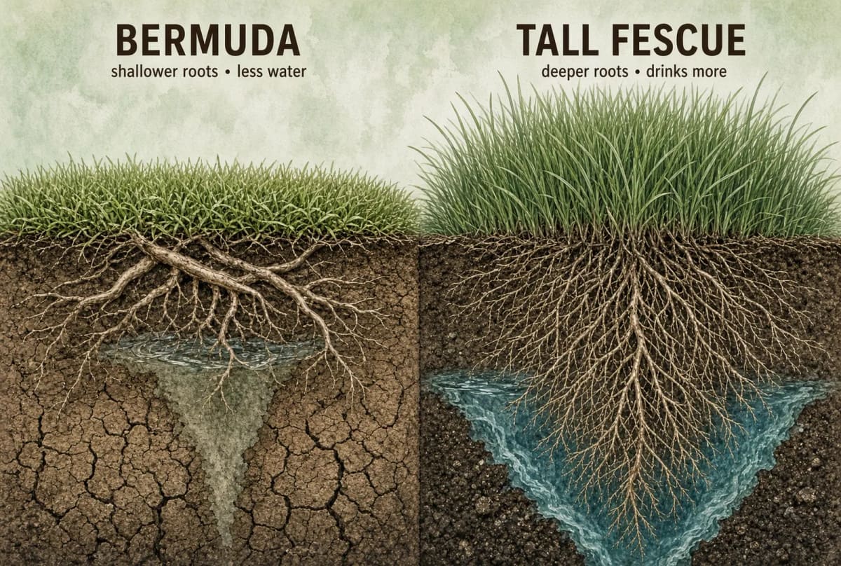 Soil cutaway: Bermuda on the left with shallower roots and a small wet zone, tall fescue on the right with deeper roots reaching a bigger pool of water.