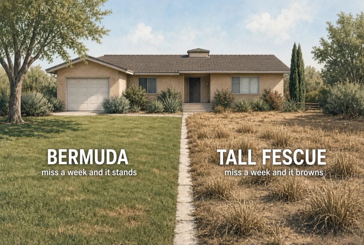 The same yard after a missed week of water in July: the Bermuda on the left still green, the tall fescue on the right browned and patchy.