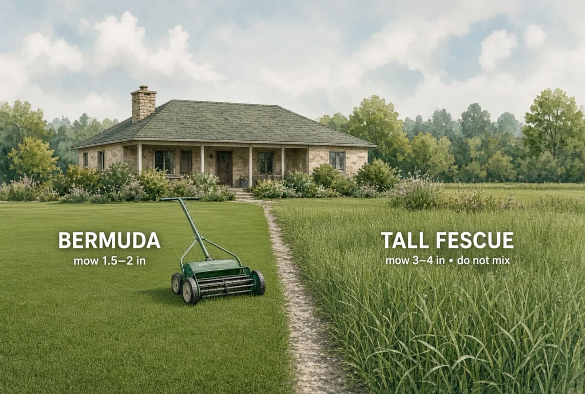 A reel mower on short Bermuda on the left, tall fescue at 3 to 4 inches on the right, a gravel path between them.