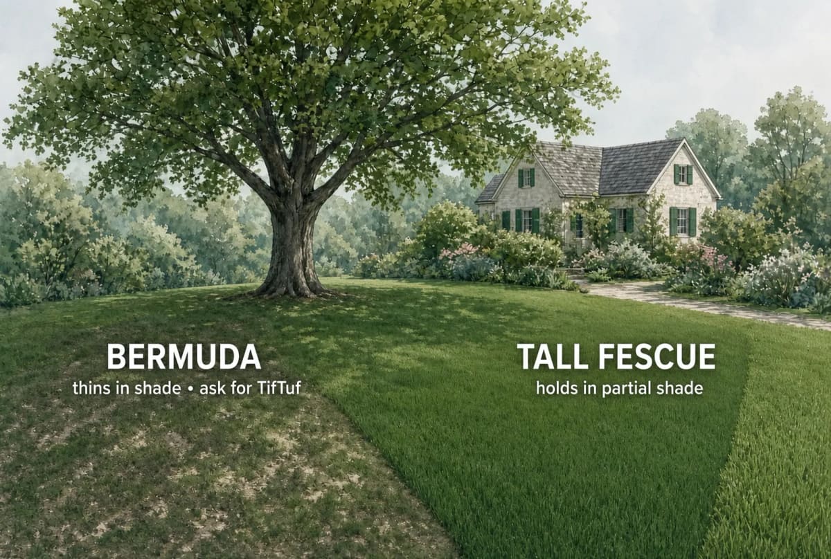 Under a big shade tree: Bermuda on the left thinned to bare patches, tall fescue on the right holding full and green.