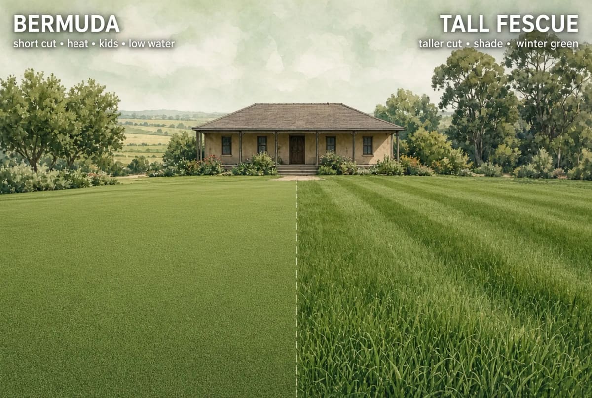 One lawn split down the middle in summer: short, tight Bermuda on the left, taller striped tall fescue on the right, a ranch house behind.
