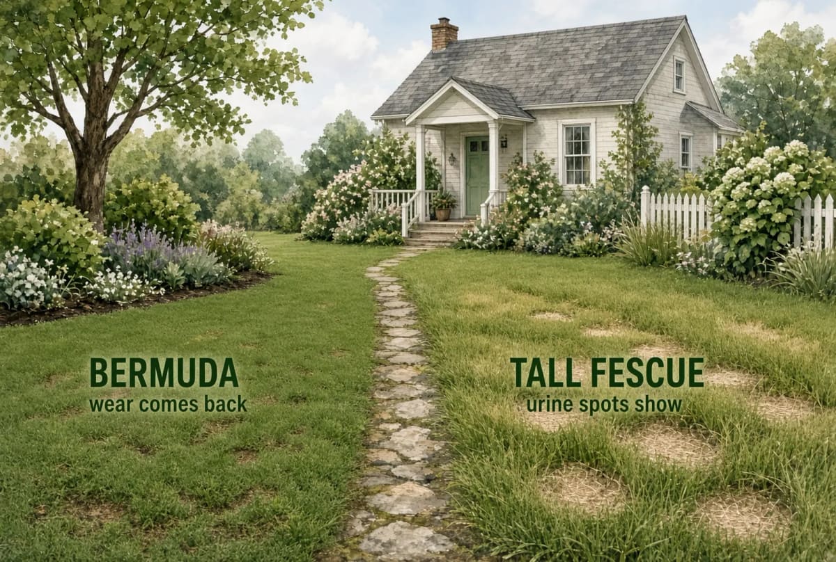 A backyard with a stone path: worn Bermuda on the left filling back in, tall fescue on the right marked with yellow urine spots.