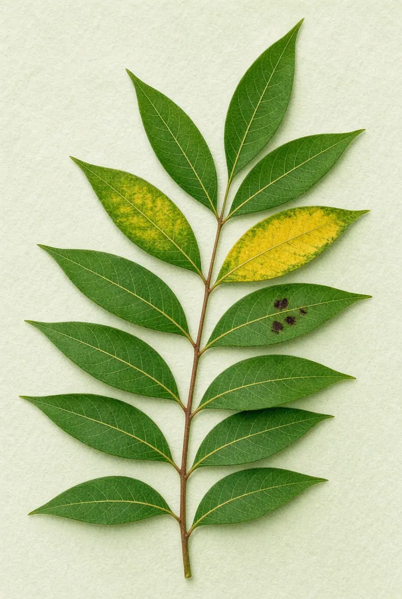 A single Chinese pistache compound leaf laid flat on paper, two leaflets yellowed between green veins and one leaflet with dark spots.