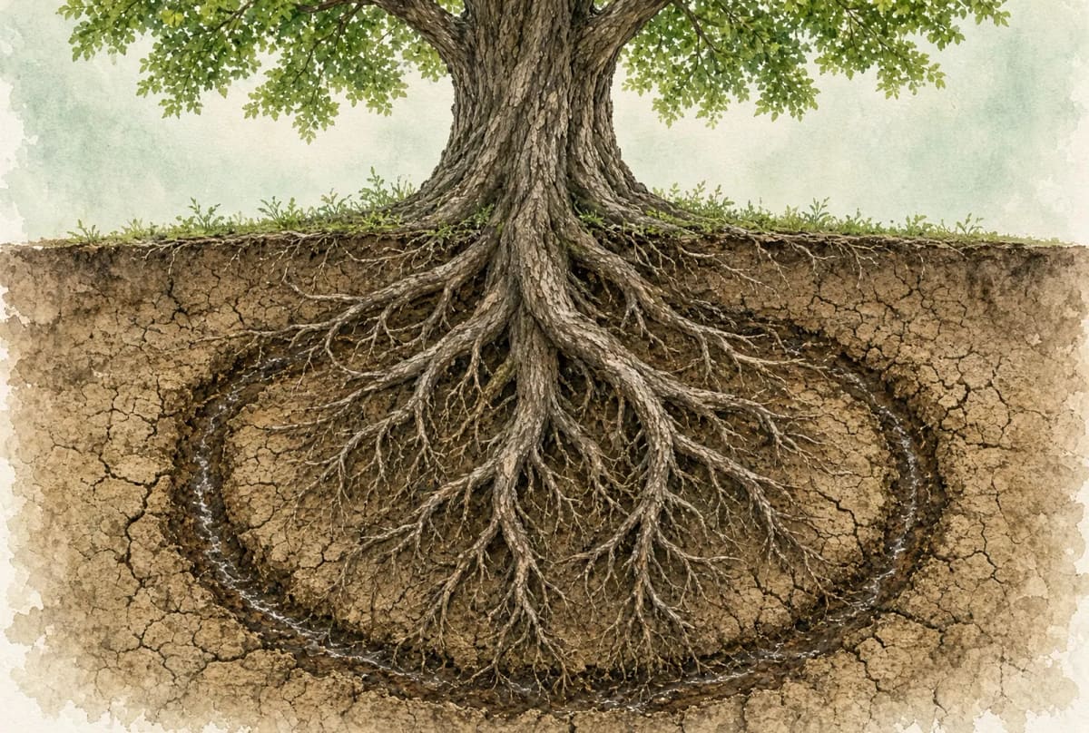 Cutaway of a Chinese pistache trunk with roots spreading through cracked clay soil and a watering ring around the root zone.