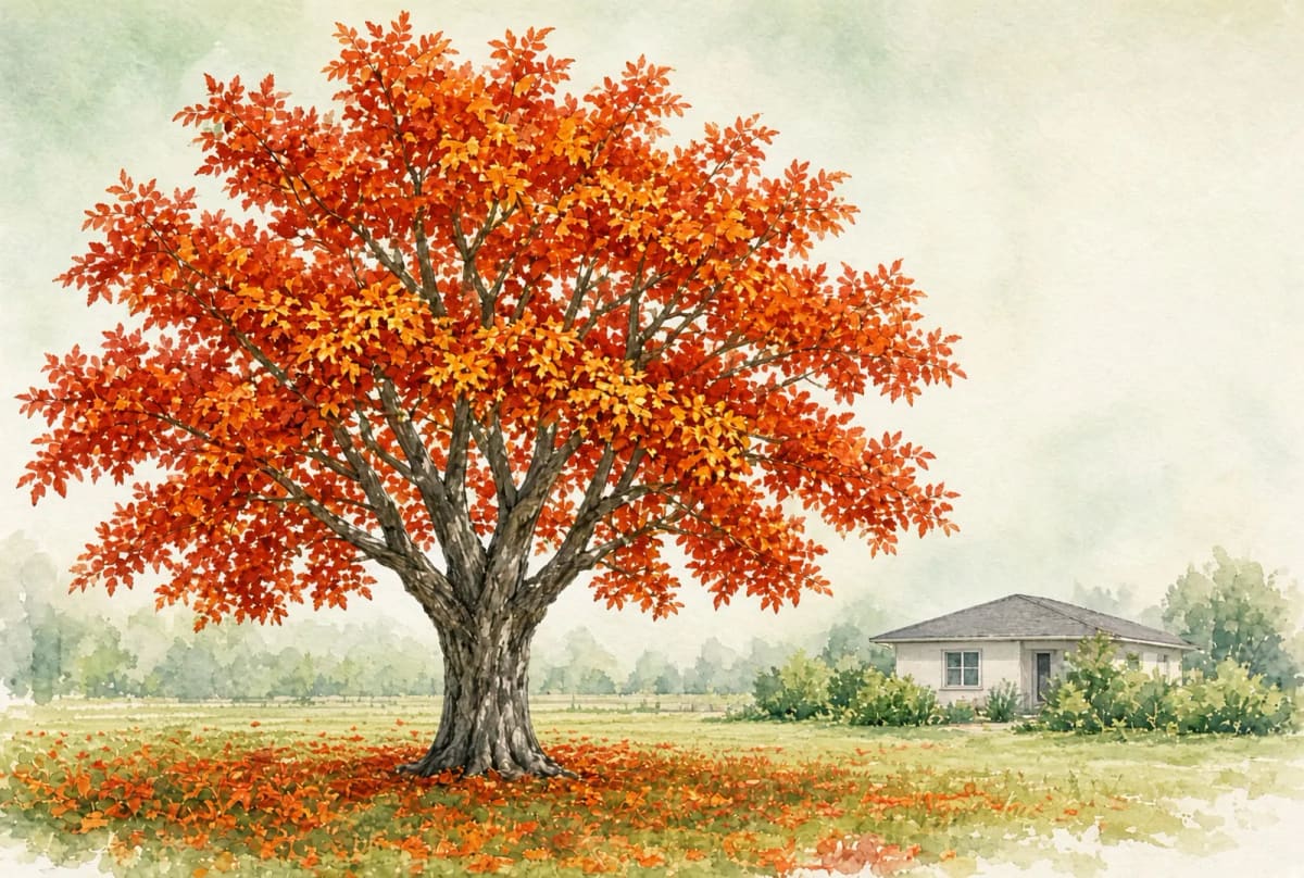 The same Chinese pistache in fall, its whole canopy turned red-orange with fallen leaves on the grass and the house at the right.