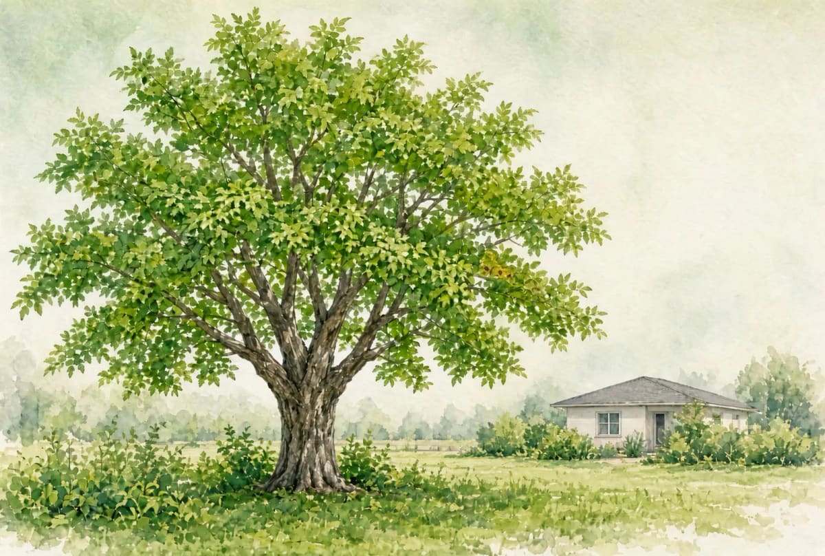 A Chinese pistache in full green summer leaf on a lawn, with a small single-story house at the right for scale.