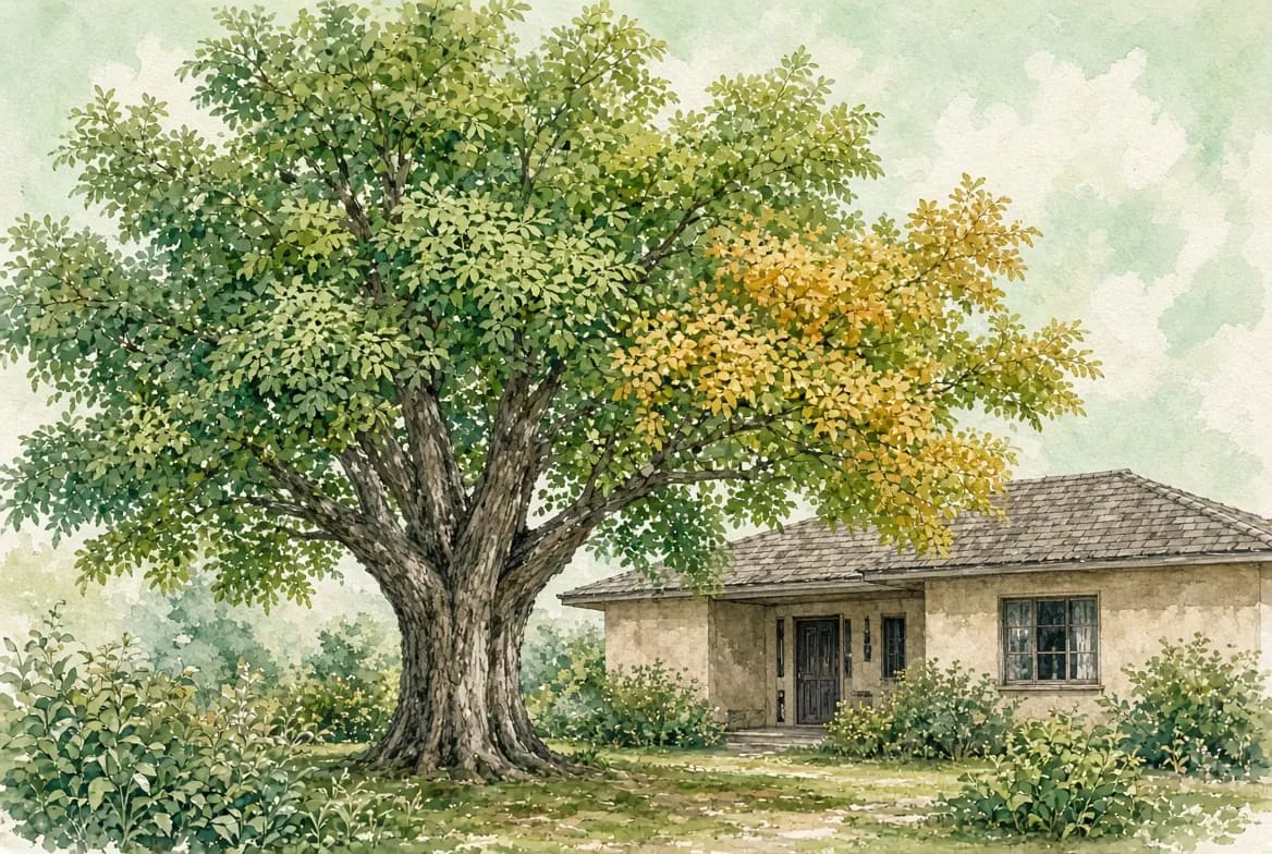 A Chinese pistache beside a tan house with a cluster of yellowed leaves on the right side of an otherwise green canopy.