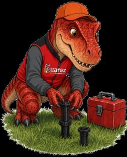Sua-Rex, Suarez Lawn Services mascot, fixing a sprinkler