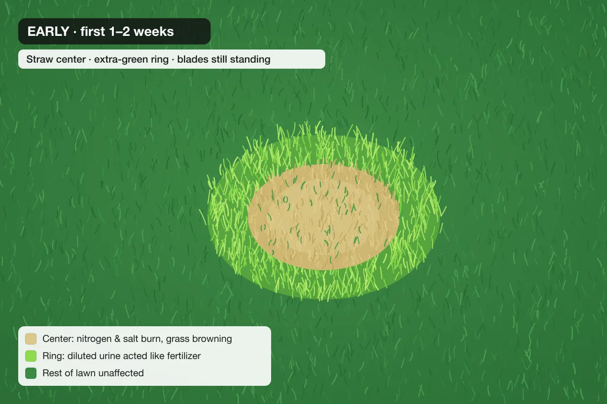 Illustration of an early dog urine spot: straw-colored center with a bright green ring on an otherwise healthy lawn
