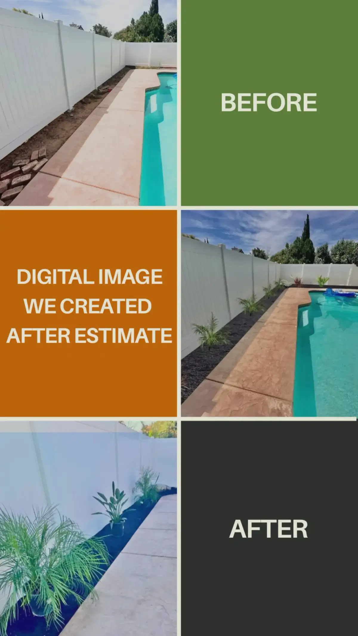 Poolside landscaping before-and-after with new mulch beds and plantings